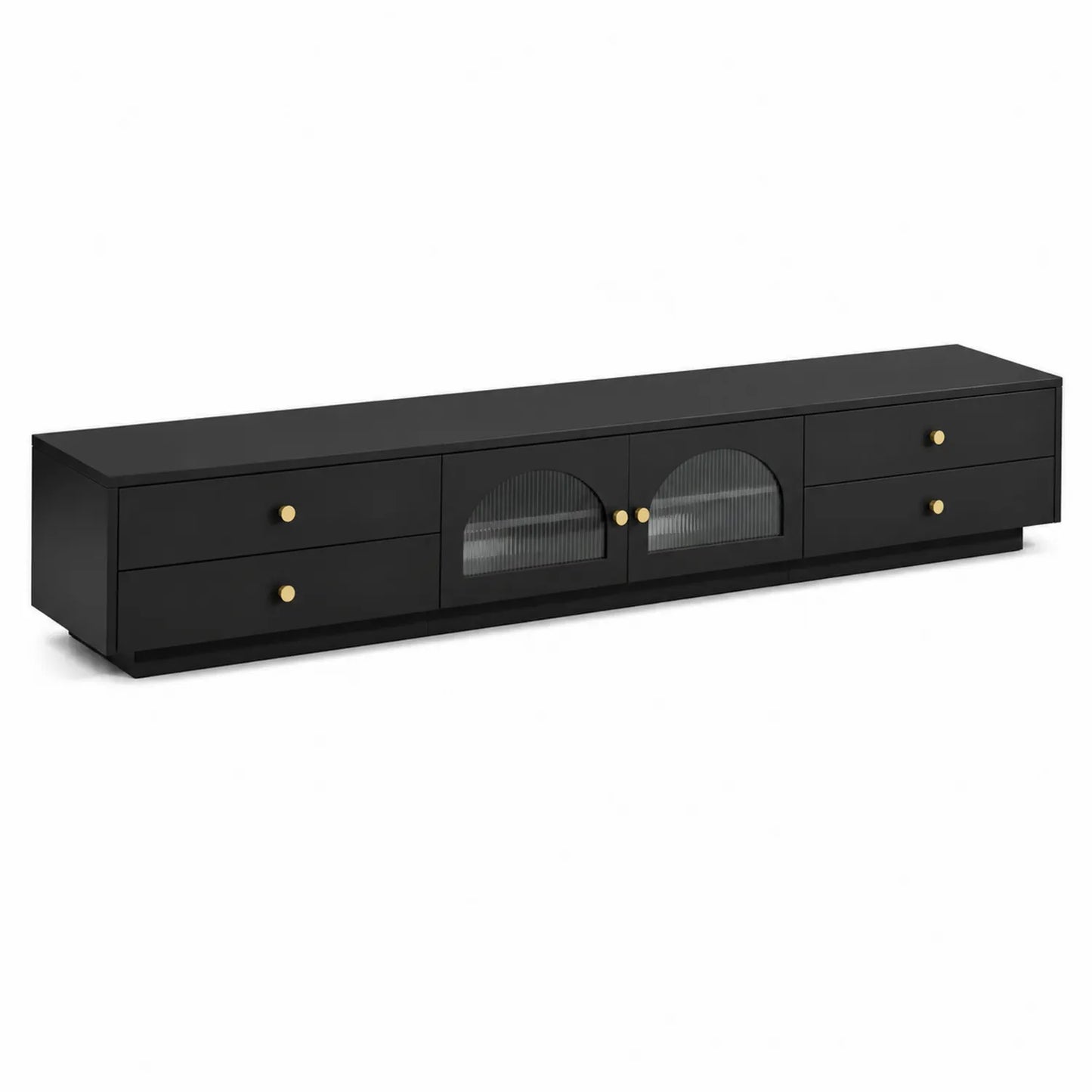 Meuble TV noir en bois avec portes en verre trempé et tiroirs 200 cm
