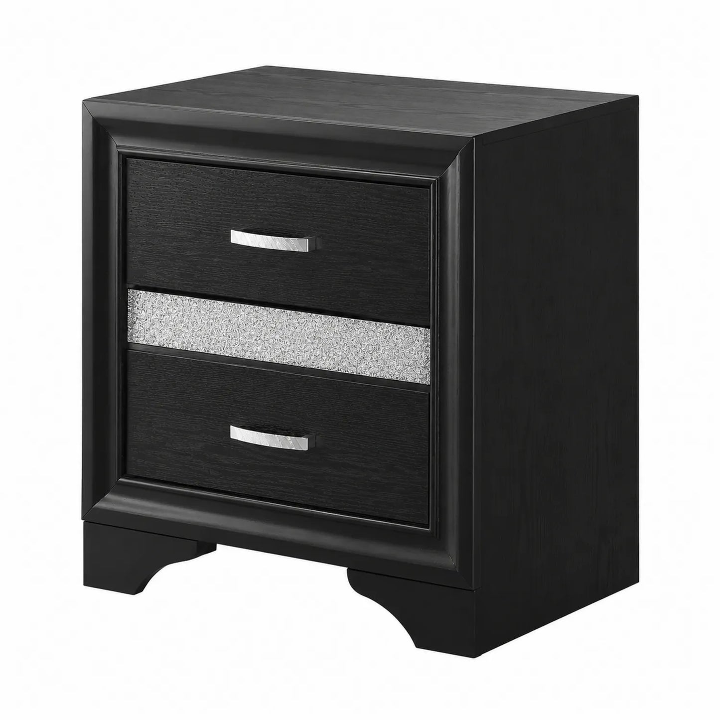 Table de chevet en bois avec 2 tiroirs noirs et décor argenté