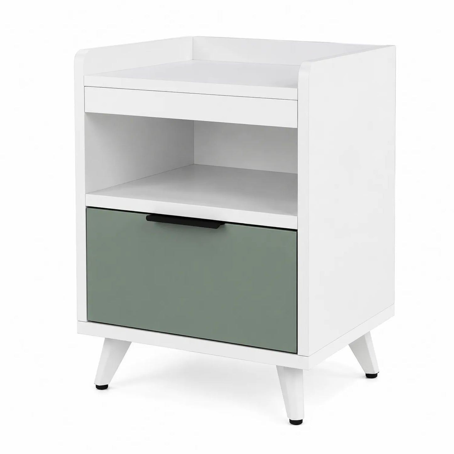 Table de chevet en bois blanc et vert avec tiroir et étagère