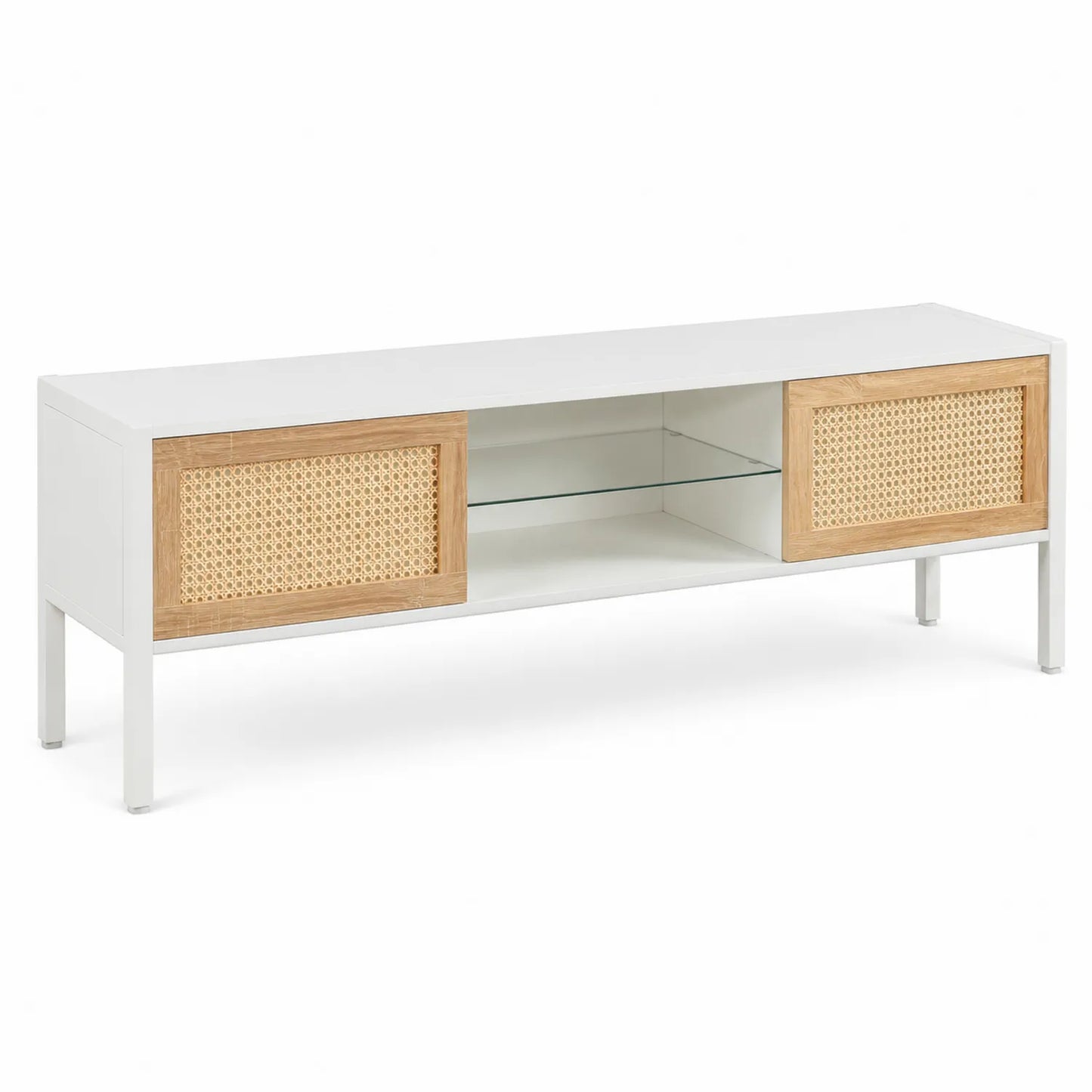 Meuble TV en bois blanc et rotin avec étagère en verre trempé