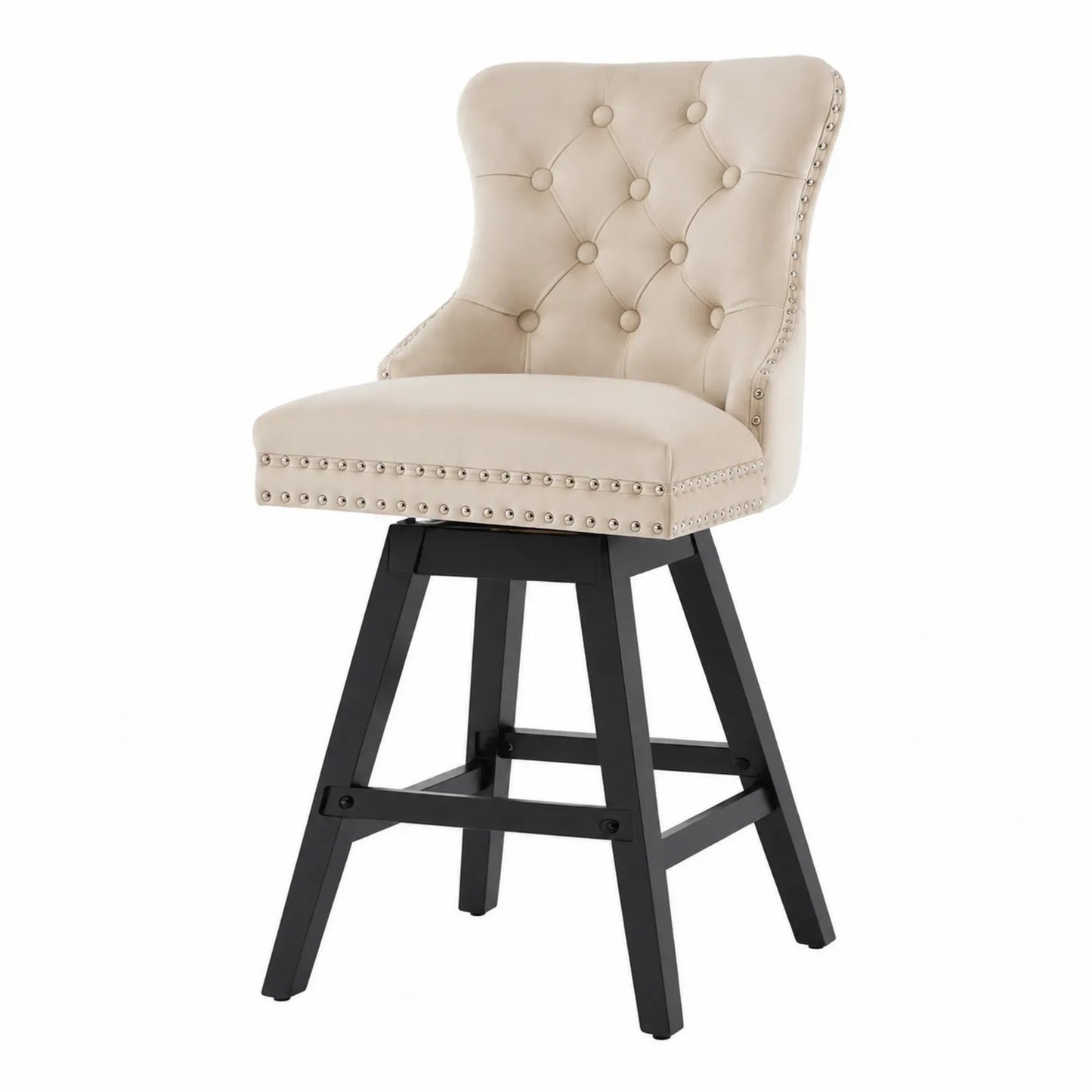Tabouret de bar pivotant en tissu beige avec pieds en bois noir
