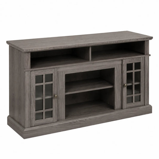Meuble TV en Bois Gris avec Portes en Verre Trempé