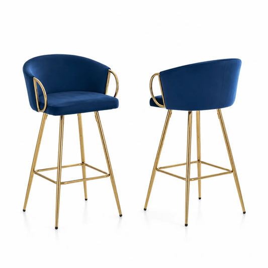 Tabourets de bar en velours bleu et métal doré, ensemble de 2