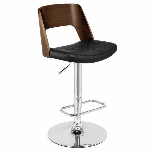 Tabouret de bar en cuir synthétique noir avec dossier en bois et base en métal chromé