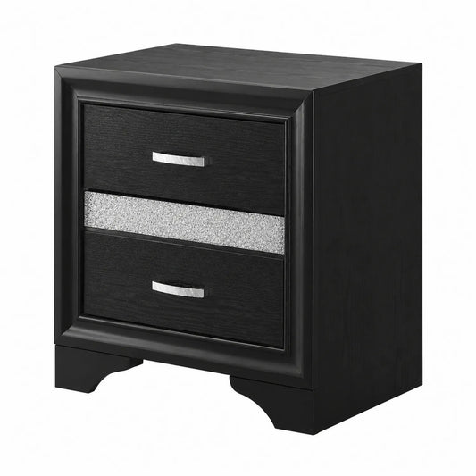 Table de chevet en bois avec 2 tiroirs noirs et décor argenté