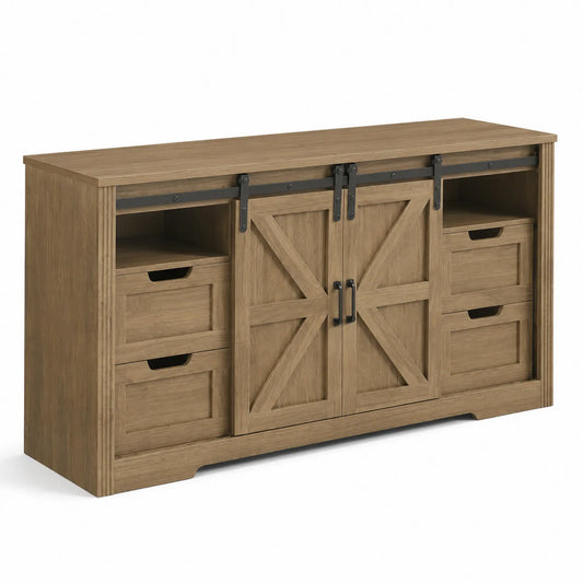 Meuble TV en bois avec portes coulissantes et tiroirs