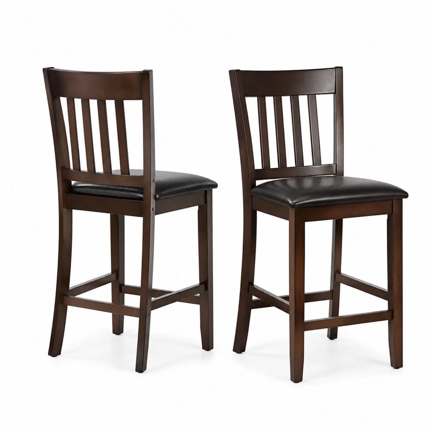 Tabourets de bar en bois avec assise en similicuir noir, ensemble de 2