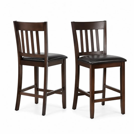 Tabourets de bar en bois avec assise en similicuir noir, ensemble de 2
